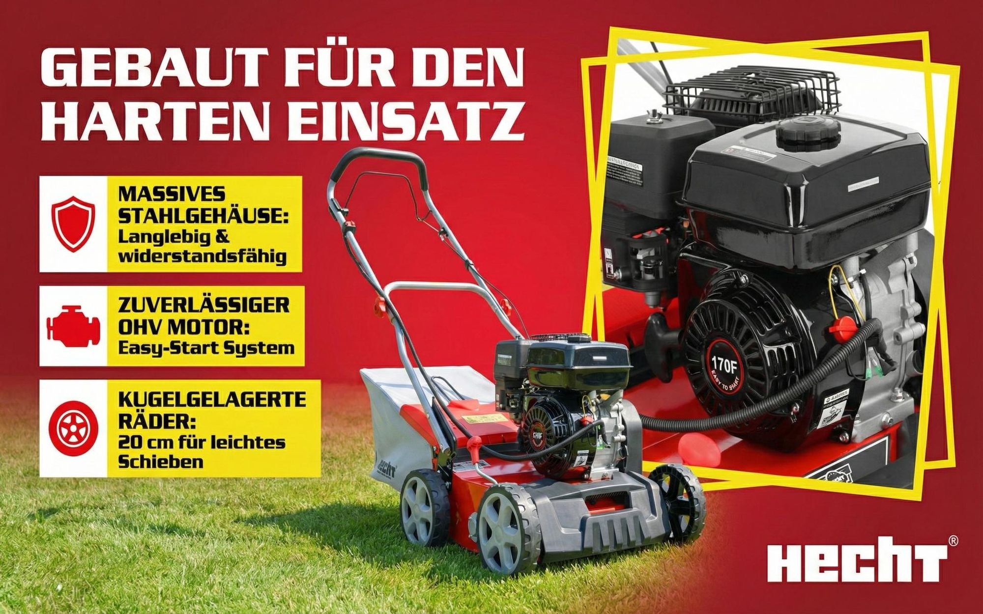 HECHT 5645 Vertikutierer Benzin | 2in1 Rasenlüfter | 40 cm Arbeitsbreite | 5,8 PS | Zentrale Höhenverstellung | 15 Messer | 26 Krallen