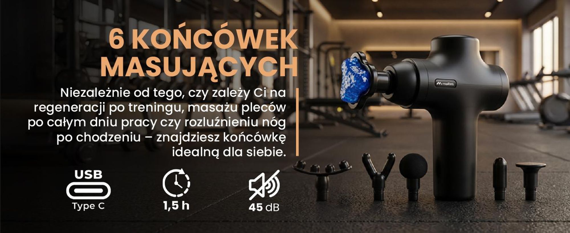 Pistolet do masażu, urządzenie masujące z sześcioma nasadkami i 4 poziomami prędkości