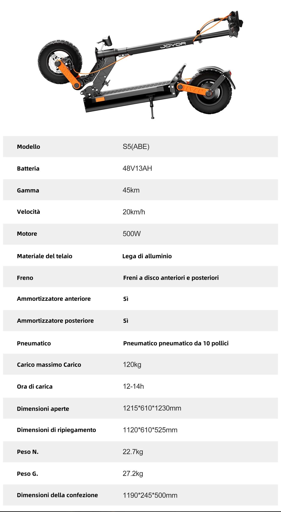 JOYOR S5 Pieghevole ABE Monopattino Elettrico - 500W Motor 48V13AH Batteria Pneumatici da 10 Pollici - Nero