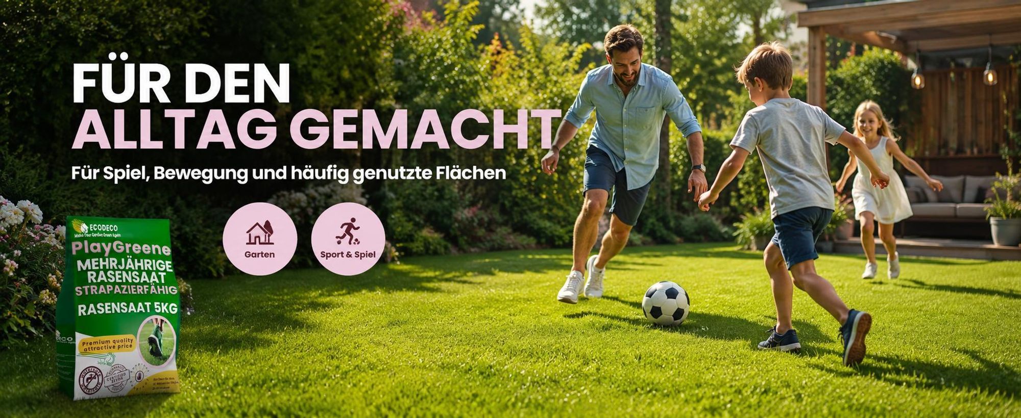 EcoDeco Rasensamen 5kg Sport und Spielrasen, schnellkeimender Rasensamen, selbstverdichtend, strapazierfähig, Rasenreparaturmischung