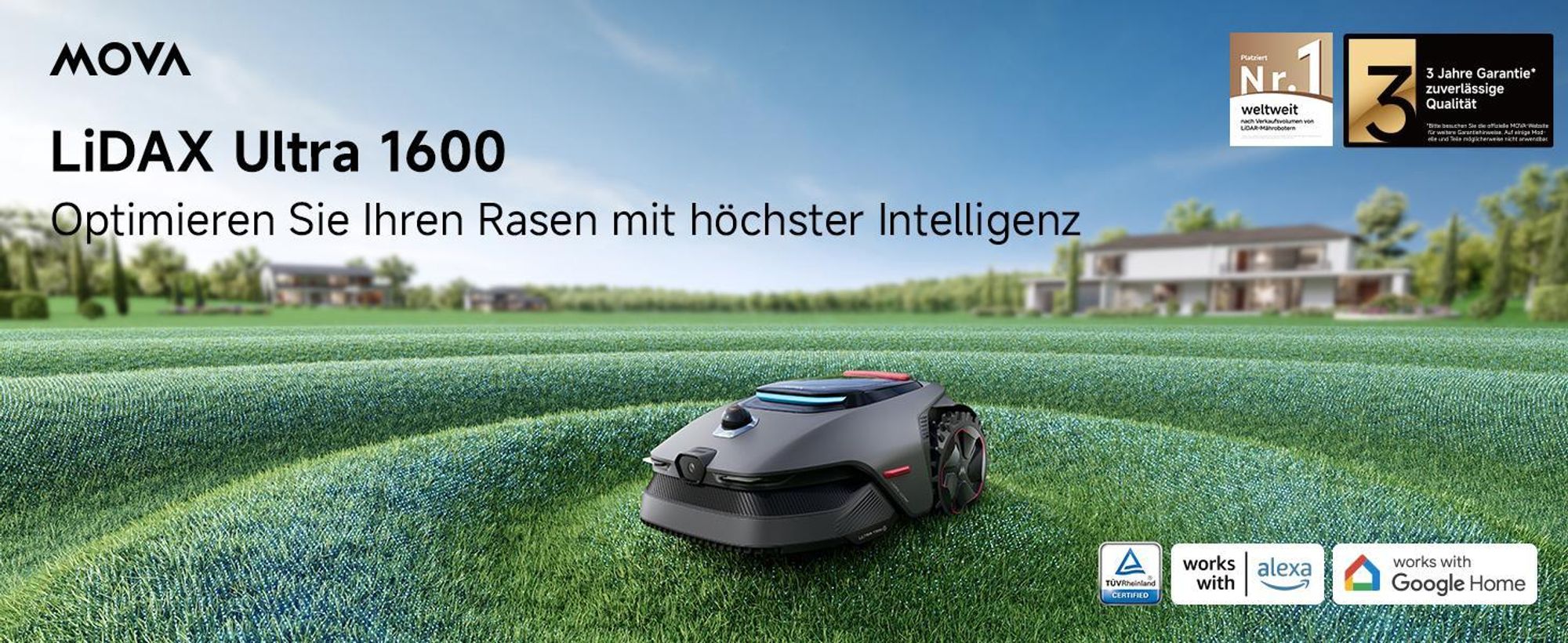MOVA LiDAX Ultra 1600 Mähroboter (inkl. Garage) – bis 1600㎡, 3D-LiDAR & AI Vision, 5 cm Kantenschnitt, Tierschutz-Modus