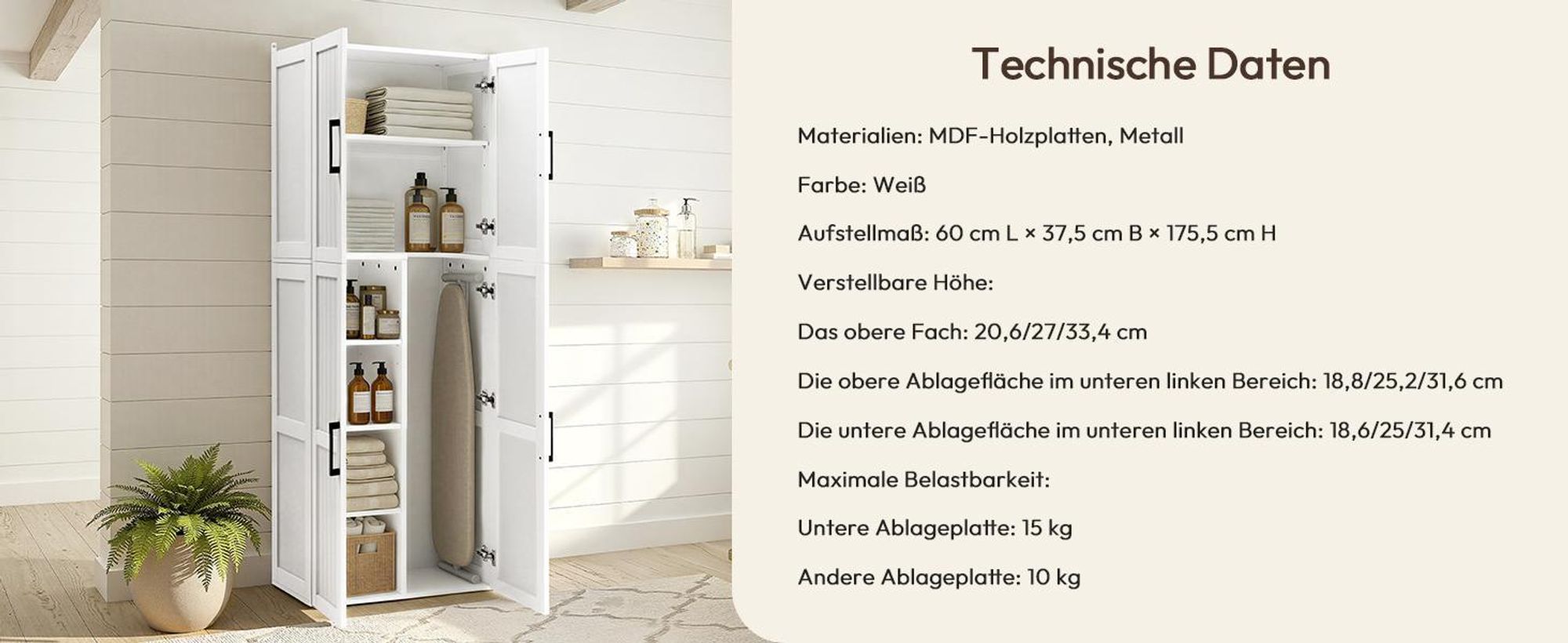 Yaheetech 175,5 cm H Mehrzweckschrank 37,5 cm tiefer Besenschrank für Staubsauger, Vorratsschrank Aufbewahrungsschrank mit 4 Türen, Weiß