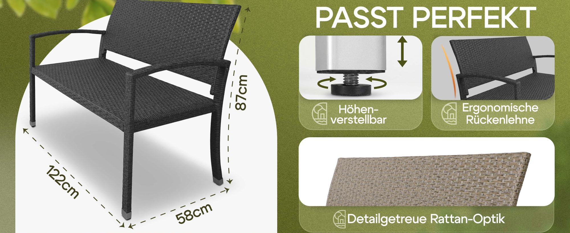 CASARIA Gartenbank wetterfest, Polyrattan, 2-Sitzer 122 cm, 320 kg, Creme