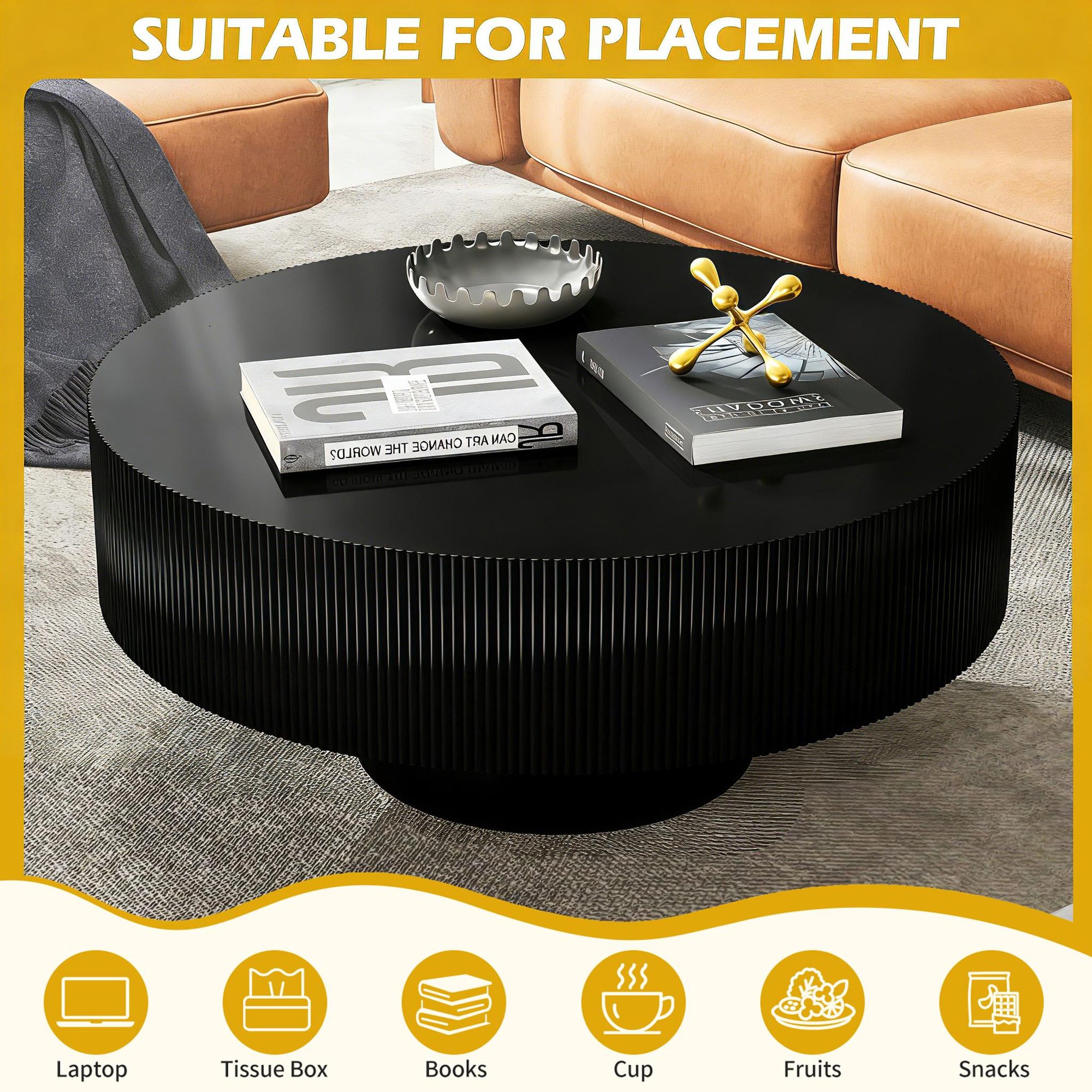 TWSOUL Couchtisch Moderner Runder Couchtisch,78.5cm*35cm mit Fluted-Optik,Schwarz