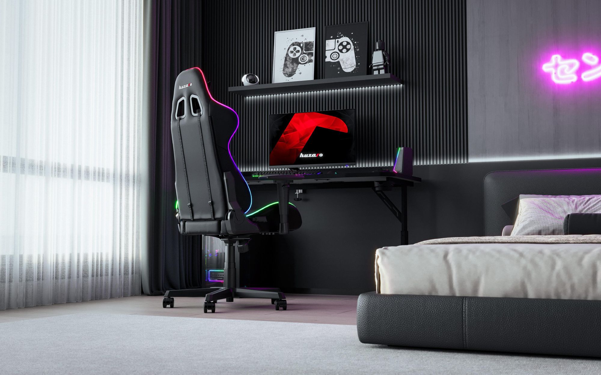 Huzaro Hero 3.6 Gaming Tisch – höhenverstellbar 140x60 cm, Carbon-Oberfläche, XXL-Mauspad, Getränke- & Kopfhörerhalter
