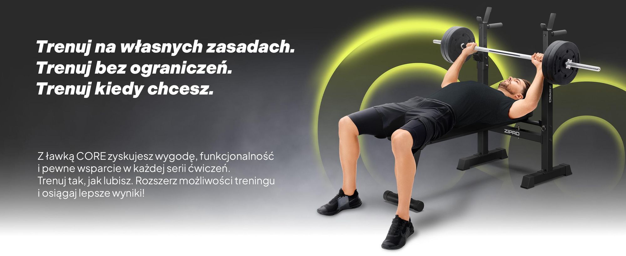 Ławka do ćwiczeń z półką na sztangę Zipro Core – składana ławka do wyciskania na płaskiej ławce z drążkiem do dipów. Obciążenie do 230 kg. Oszczędność miejsca.