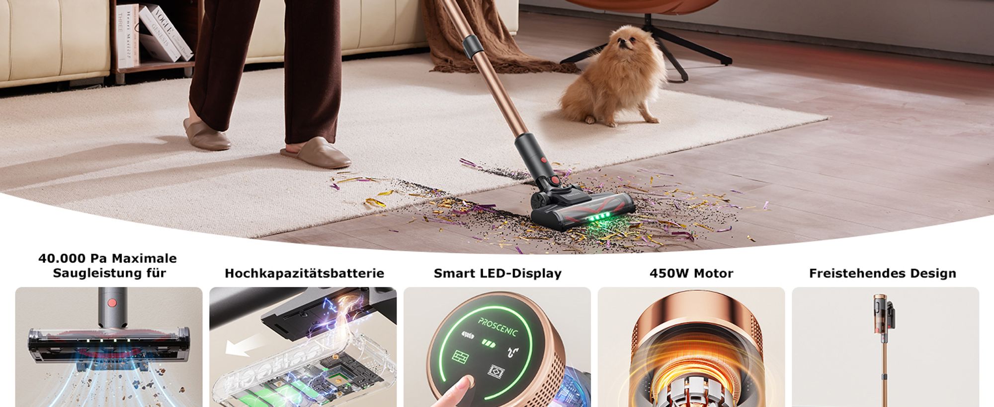 Proscenic ​​Handstaubsauger, Akku-Staubsauger,40kPa/450W starke Saugkraft, 40 Minuten, mit grünem Licht, 5-in-1 Filtersystem,für Kleine Wohnung