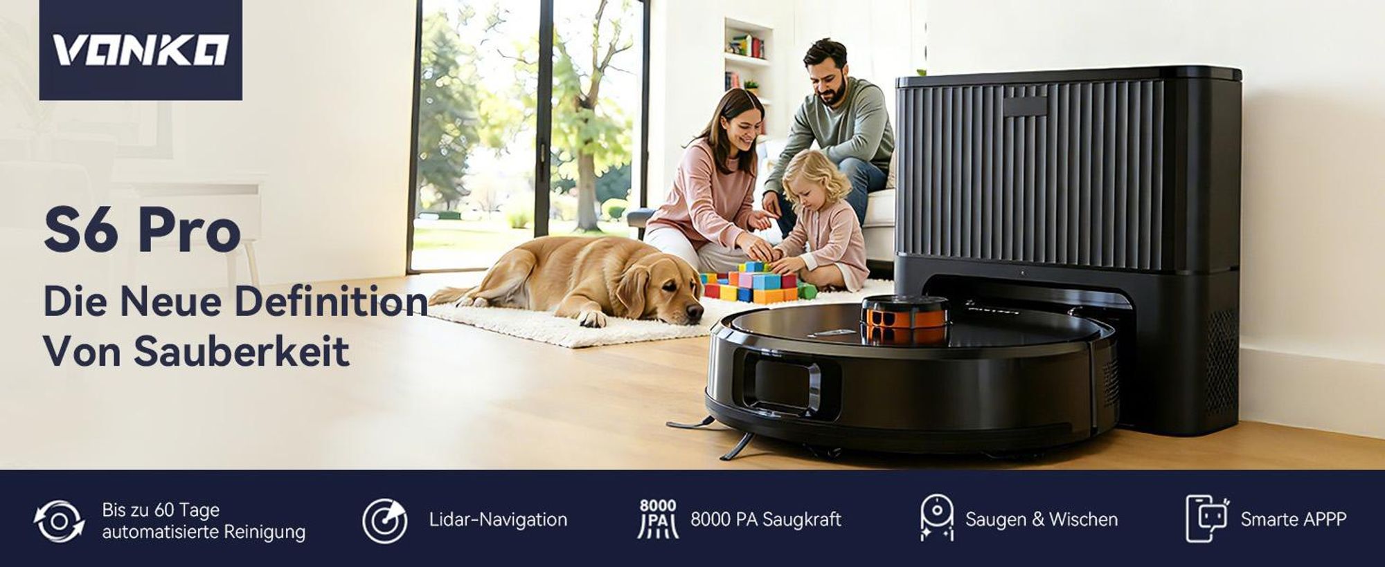 VONKO S6 Pro Saugroboter mit Wischfunktion, Saugroboter mit Absaugstation, 8000Pa Saugkraft, LiDAR-Navigation, 180 Min Laufzeit