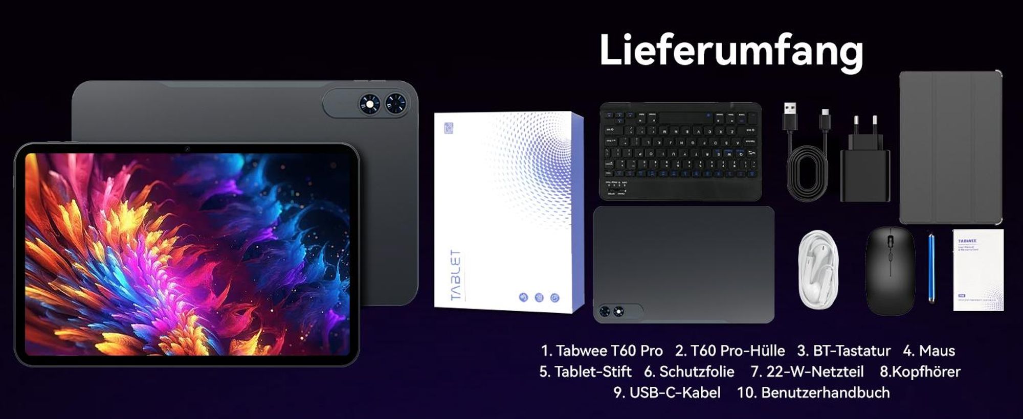 TABWEE T60Pro 13.4" Android 16 Tablet, 24GB(8+16)+256GB/2TB TF, 10000 mAh Akku, 2K Incell Display/120Hz/5G WiFi, Mit Hülle/Maus/Tastatur/Kabel-Headset