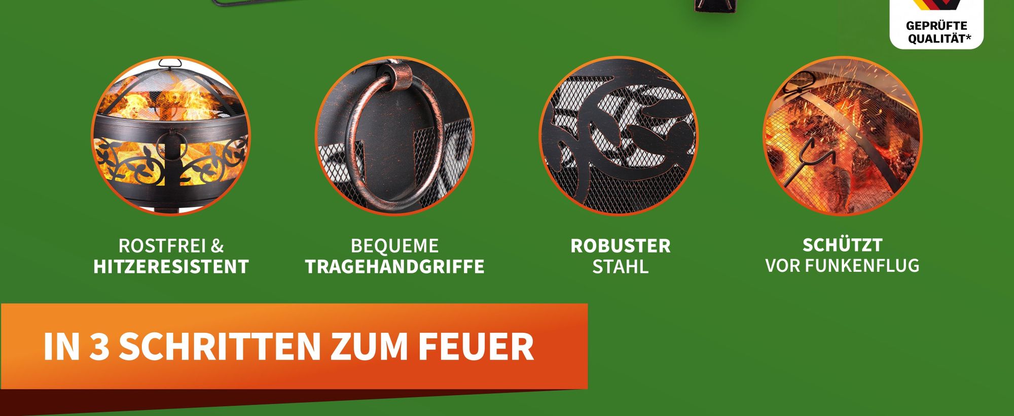 GARDEBRUK® Feuerschale mit Funkenschutz Rund Ø66cm Schürhaken Abdeckung Schwarz Modern Terrasse Garten Feuerstelle Feuerkorb Kamin Ofen Holz Grill