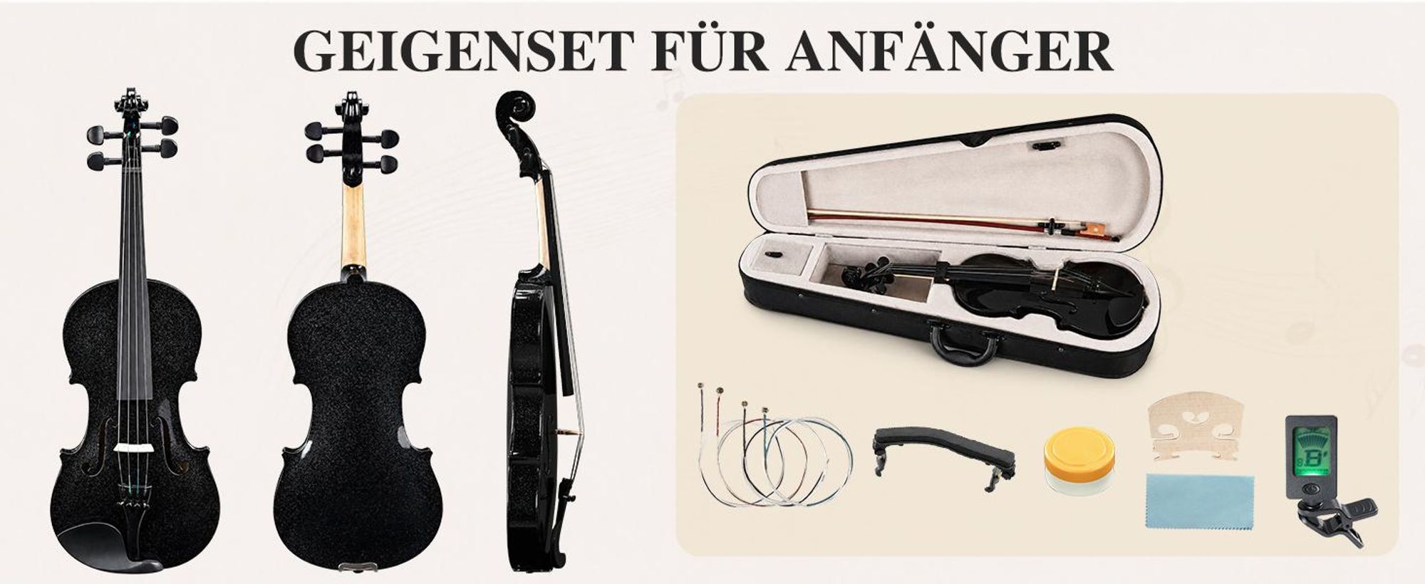 FCH Violine 3/4 Geige 3/4 Komplettset mit Zubehör für Anfänger,Schwarz