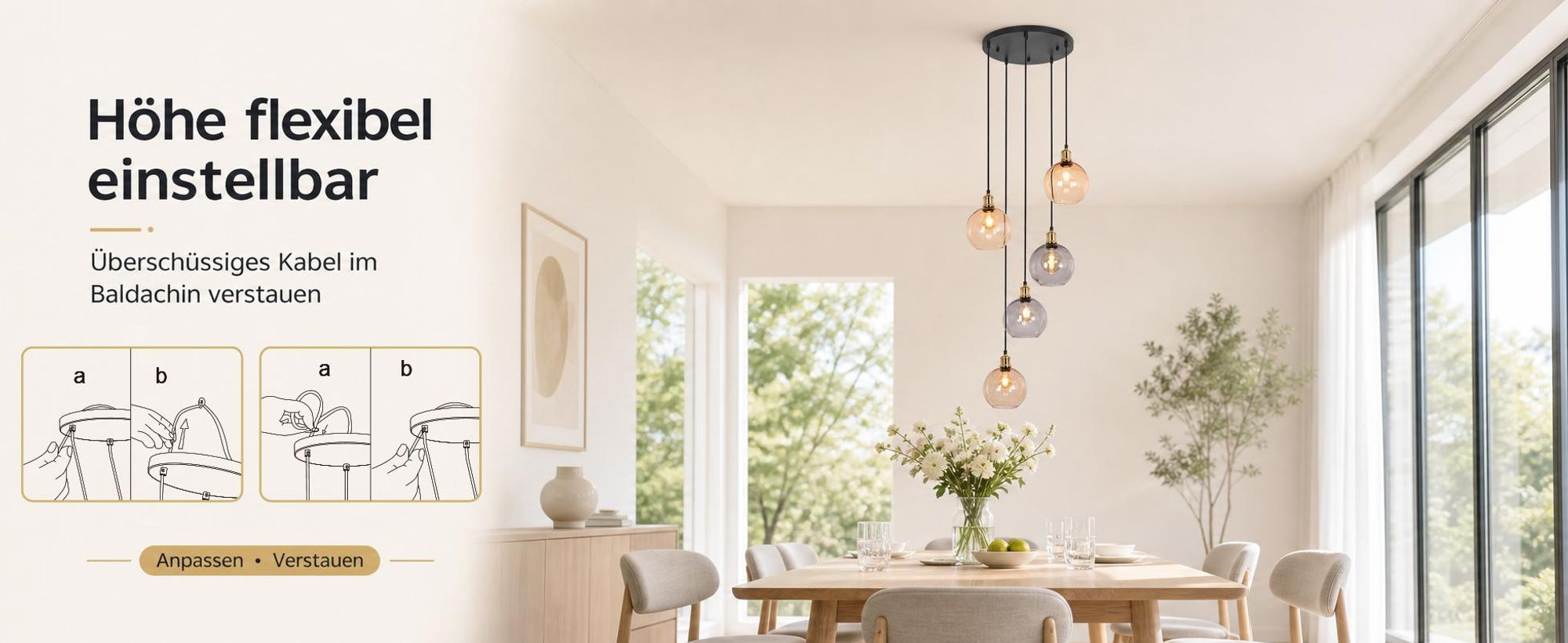 ZMH Hanglamp 5 lichts glas 160cm hoogte verstelbare pendellamp voor trappenhuis villa woonkamer eetkamer slaapkamer gang hoge plafonds