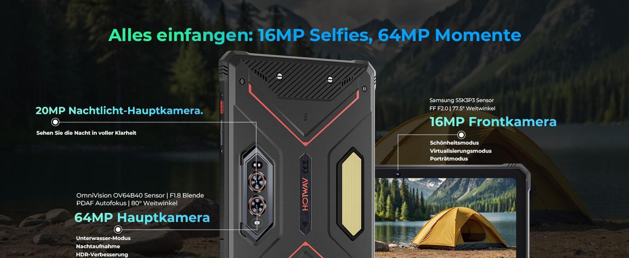 HOTWAV R9 Ultra 5G Outdoor Tablet, 20080mAh Wasserdicht Tablet, Android 15, 11" 2K FHD+ Rugged Tablets 24GB+512GB,64MP IP68/ Dual SIM/5G WiFi/GPS/OTG