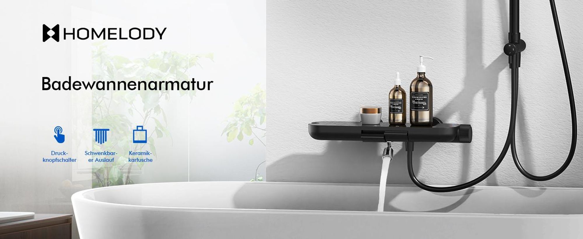 Homelody Badewannenarmatur mit Drehbarer Wasserauslauf Schwarzen Wannenarmatur und Duscharmaturen für Badezimmer