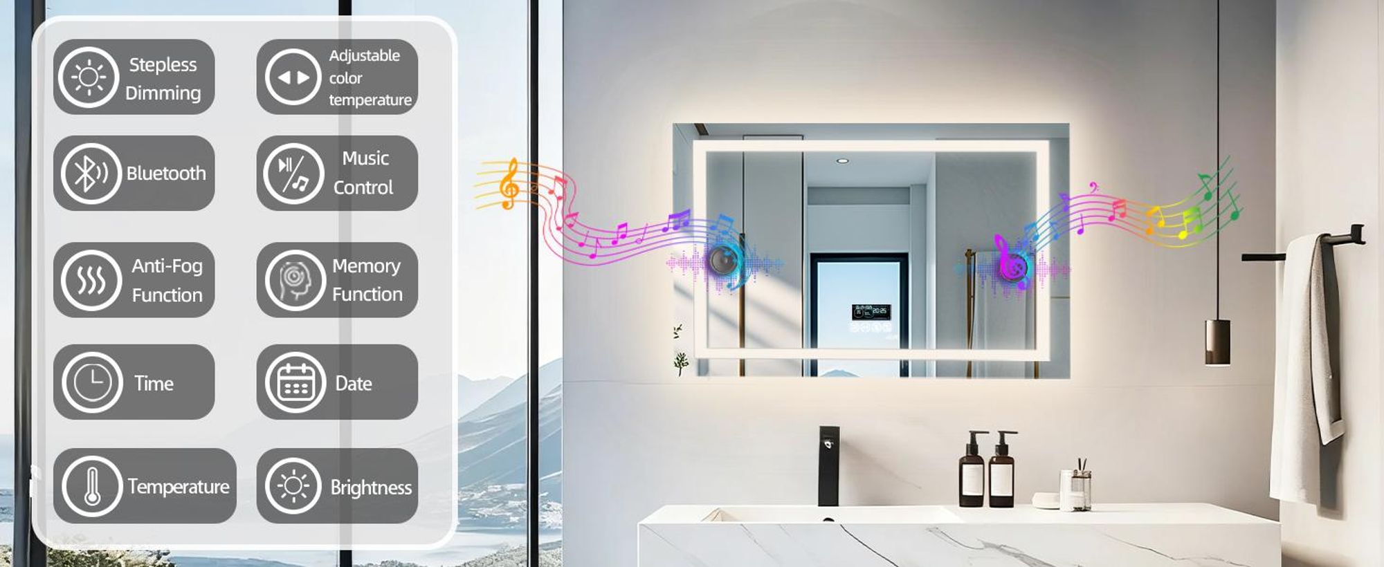 WISFOR LED Badspiegel mit Bluetooth Lautsprecher, 80x60cm Badezimmerspiegel mit Beleuchtung 3 Lichtfarbe, LED Wandspiegel dimmbar beschlagfrei
