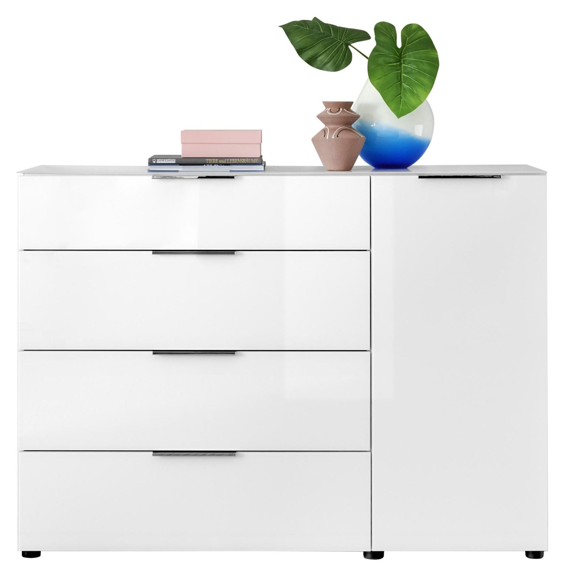 Kommode Sean weiß mit Glasfront – Kommode / Sideboard mit Softclose & viel Stauraum