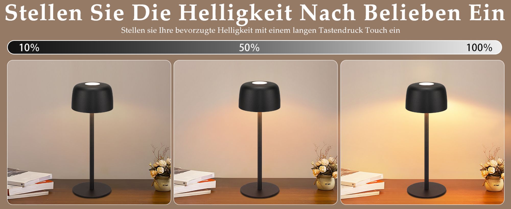ZMH LED nachttischlampe Kabellos Tischlampe Touch Dimmbar Tischleuchte mit 3 Farbtemperaturen Höhenverstellbar USB Aufladbar Akku Wasserdichte Schwarz