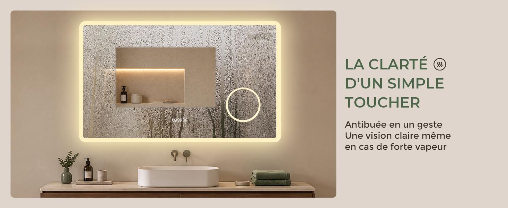 S'AFIELINA Miroir salle de bain LED avec Bluetooth 5.3, 120 × 60 cm, Miroir grossissant 3×, antibuée, 3 couleurs, intensité réglable, tactile & mémoir