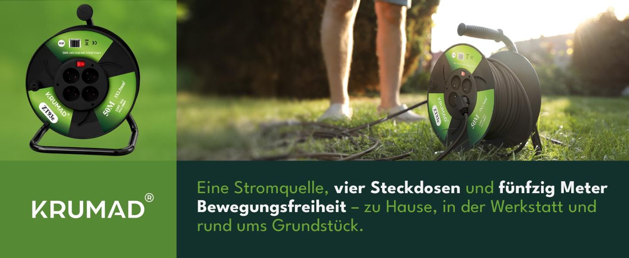 KRUMAD Kabeltrommel 50m mit 4 Schutzkontaktsteckdosen, 3500W max, robust & wetterfest für Außen, Werkstatt & Baustellen, 3x25mm², Schwarz