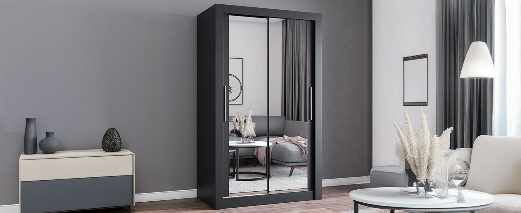 Schwebetürenschrank Kleiderschrank Schrank 120cm Schwarz/Schwarz mit zwei Spiegeln MILAN
