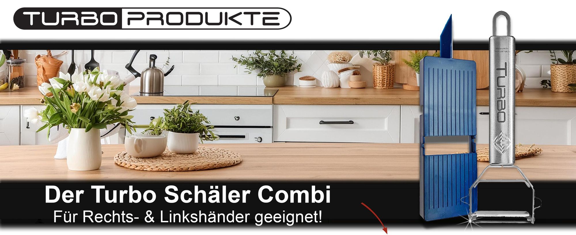 TURBO PRODUKTE Turbo Schäler Combi aus Edelstahl für Rechts- und Linkshänder in Küche abgebildet