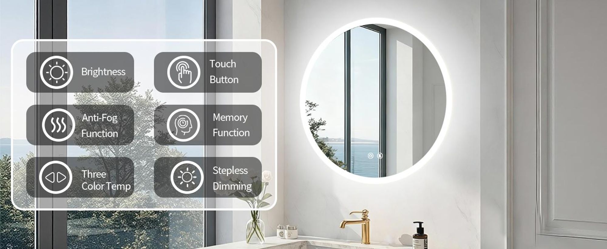 WISFOR LED Badezimmerspiegel Rund 70 cm ohne Rahmen mit Speicherfunktion, Beschlagfrei, Dimmbar, IP66