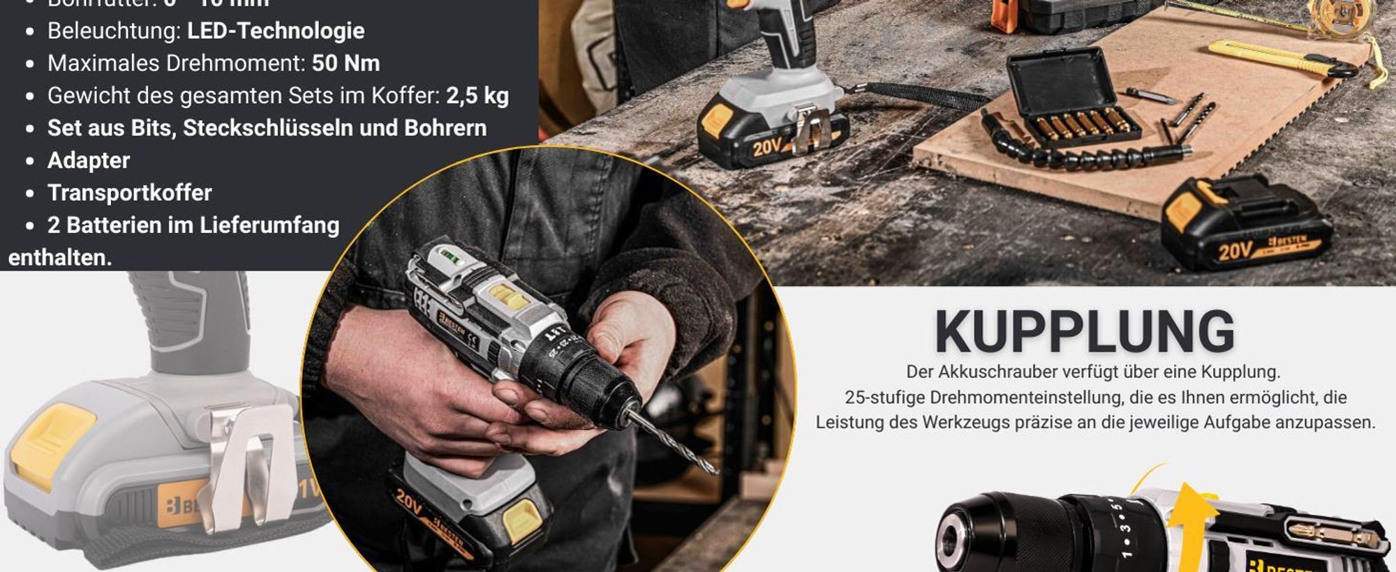 Akku Schlagbohrschrauber 20V 50 Nm, 2x 2.0Ah Akku, Set, Koffer