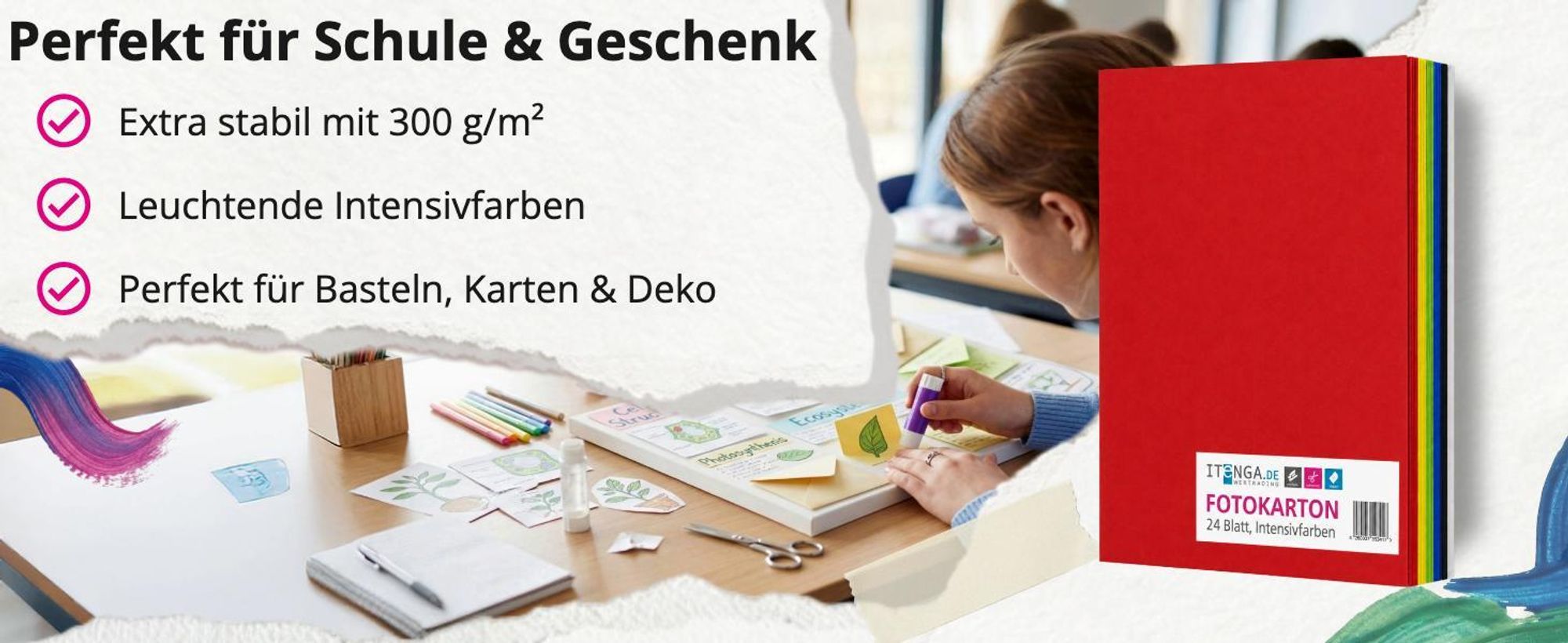 itenga Fotokarton - A4 300 g/qm 24 Blatt sortiert - Intensivfarben 6 Farben je 4 Blatt