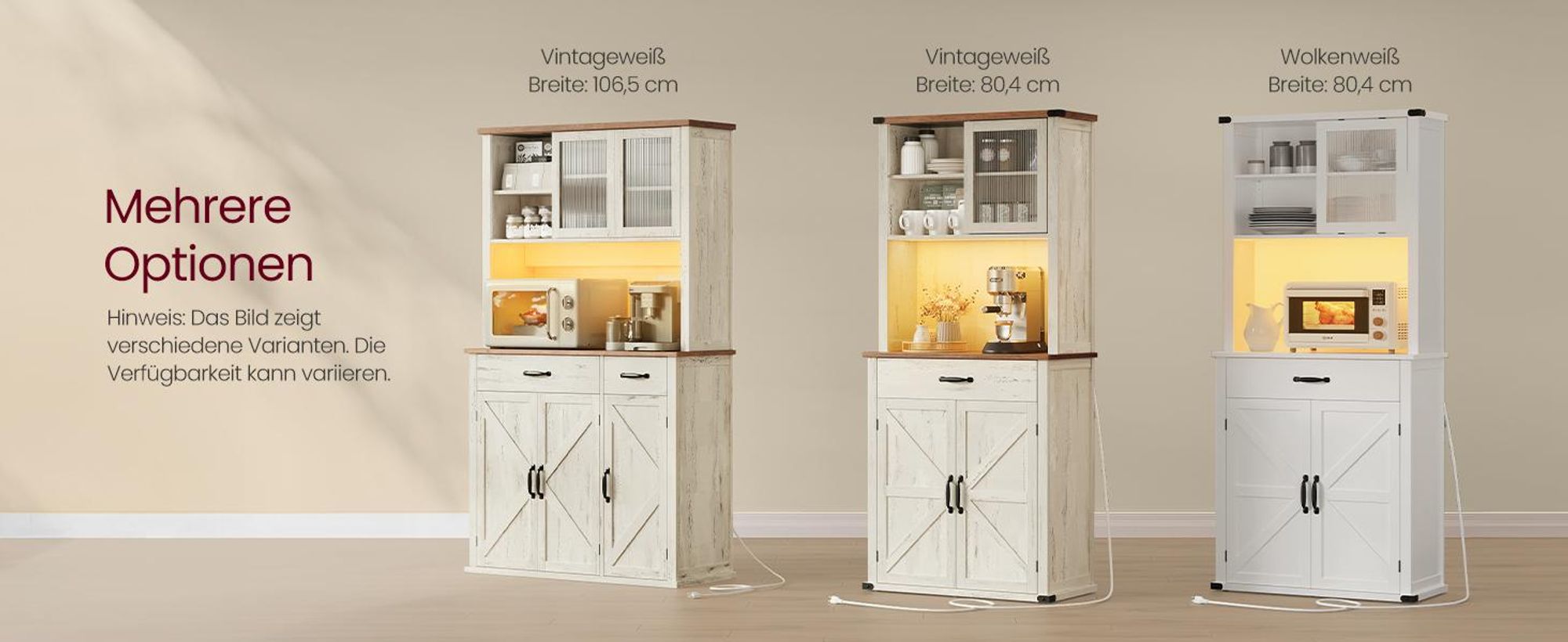 VASAGLE Sideboard, Küchenschrank, Aufbewahrungsschrank, mit Beleuchtung, Ladestation und Schubladen, 39,5 x 106,5 x 180,6 cm, verstellbare Ablagen