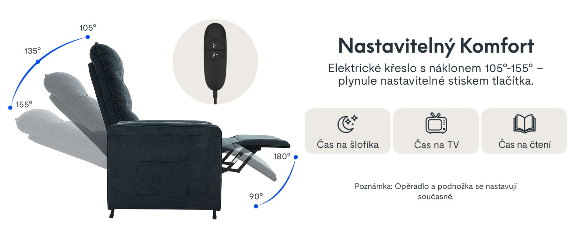 Elektrické polohovací křeslo FLEXISPOT s funkcí naklápění 105°-155°, nastavitelné TV a polohovací křeslo do obývacího pokoje, opěrka zad a nohou (tmavě šedá)