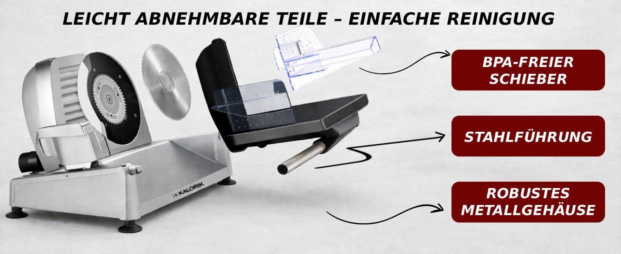 METALL-AUFSCHNITTMASCHINE MIT ZWEI AUSTAUSCHBAREN KLINGEN Silber 220W Schnittstärkeregulierung KALORIK