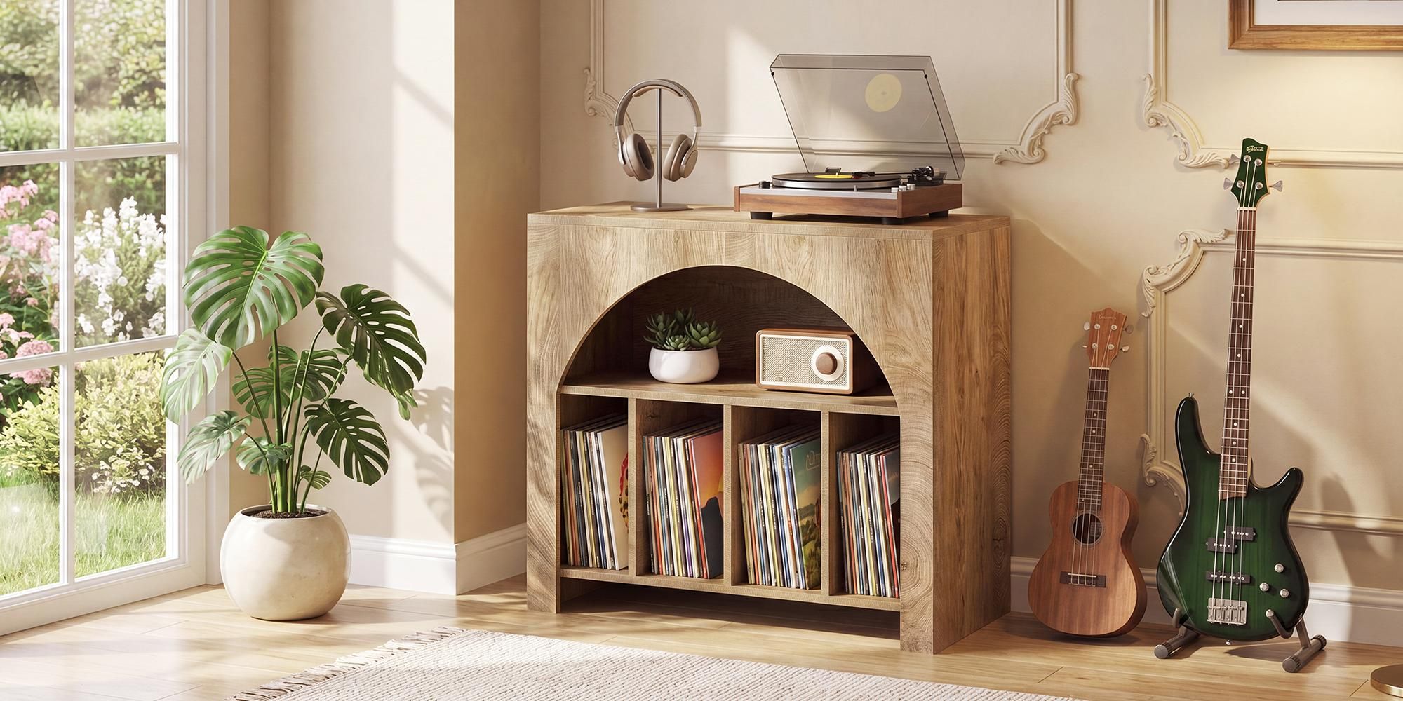 Beistelltisch, 80 cm Nachttisch für Schallplatten, 2-stöckiger  Plattenspielerständer für 370 Schallplatten, Vinyl-Schrank in halbkreisförmigem Design