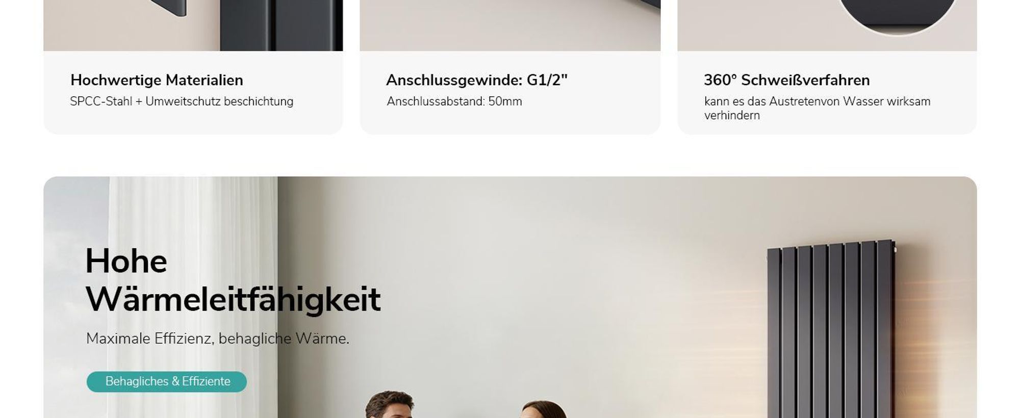 EMKE Heizkörper Vertikal Designheizkörper Paneelheizung, 1800x616mm, Doppellagig Anthrazit Flach Mittelanschluss, 2166W ohne Heizstab