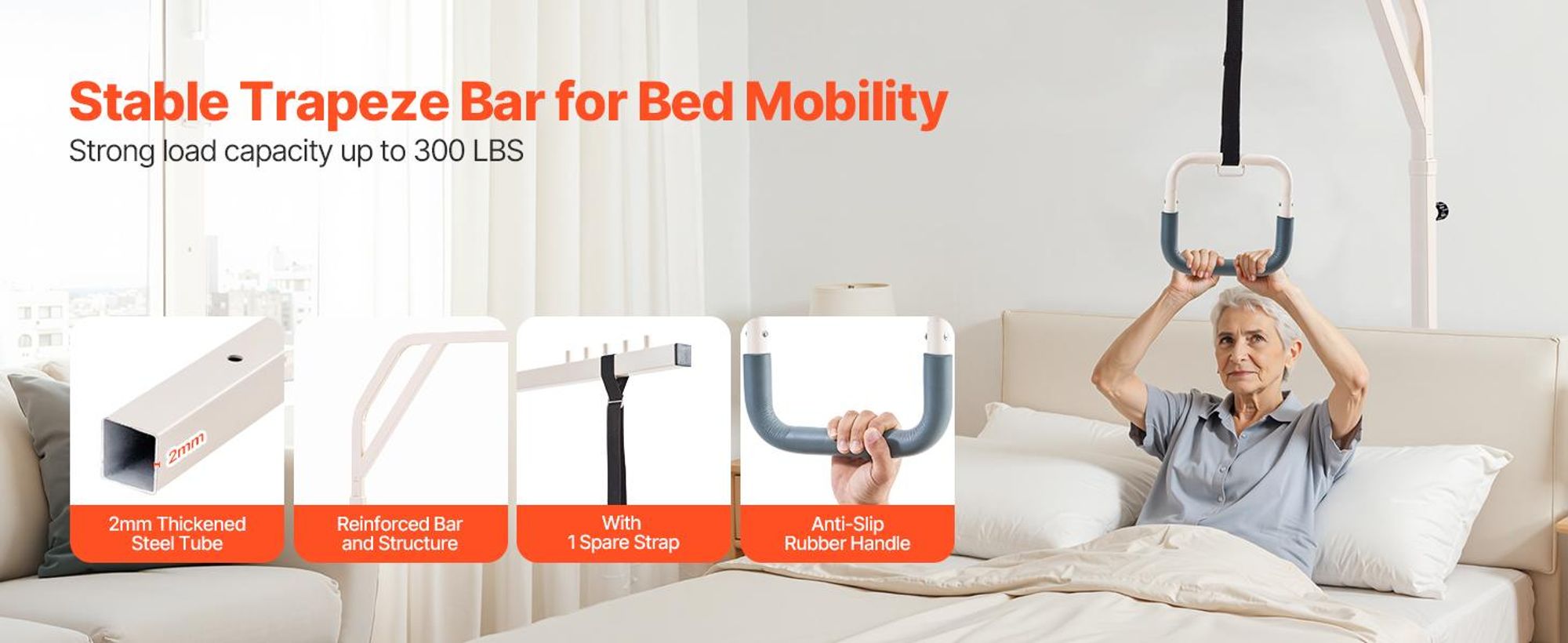 VEVOR Trapezstange für Bettmobilität, medizinische Betttrapeze mit Klemmen & Metallkette, 250LBS Tragfähigkeit Zughilfe für Senioren & Behinderte, ideal für die häusliche Pflege, Krankenhäuser, Pflegeheime, Parallel-b, Aufrecht-b