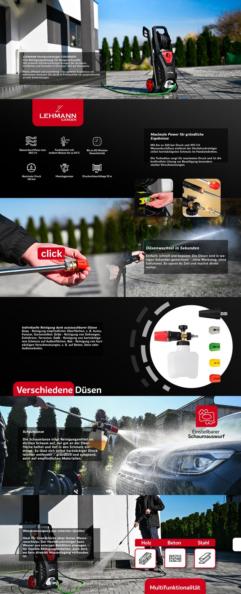 Lehmann Profi Hochdruckreiniger 3000 W mit Induktionsmotor, Ansaugfunktion, 492 l/h Fördermenge, 12 Meter Schlauch, inkl. Reinigungsmittelbehälter