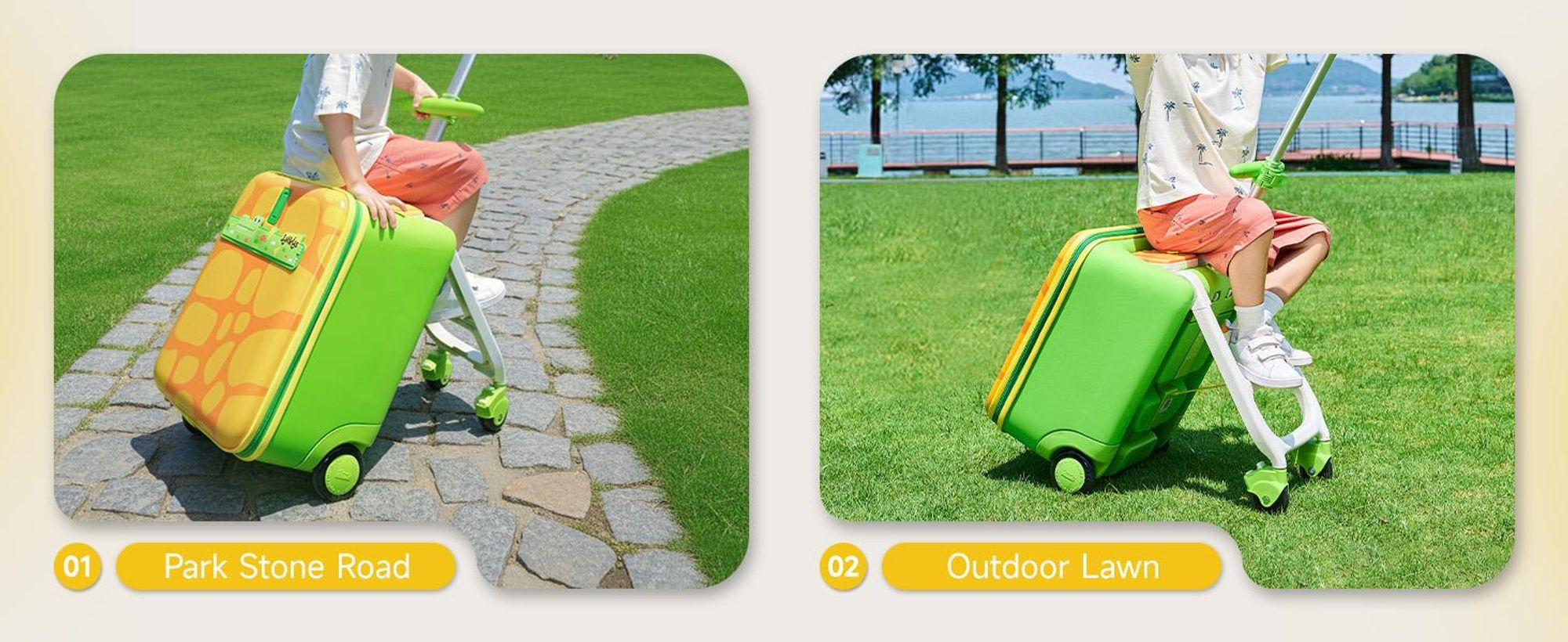 Jovikids Kinderkoffer Drei-in-eins Kinderkoffer, auf dem man reiten kann Kinderwagen 38L Hochbelastbarer Trolley für Kinder ab 3 Jahren (Grün)