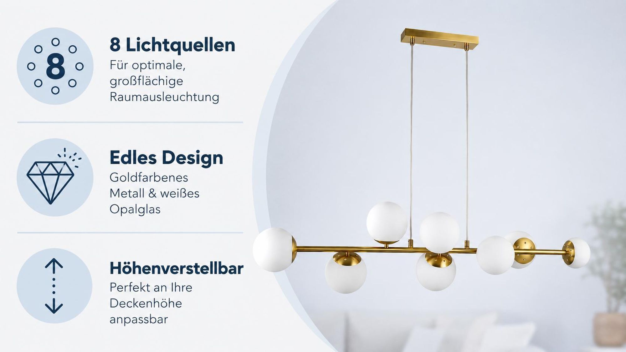 MasterLED Pendelleuchte 8-flammig Gold Glas E27 – Große Hängelampe Balken für Esstisch, Design Kugeln Weiß, Höhenverstellbar