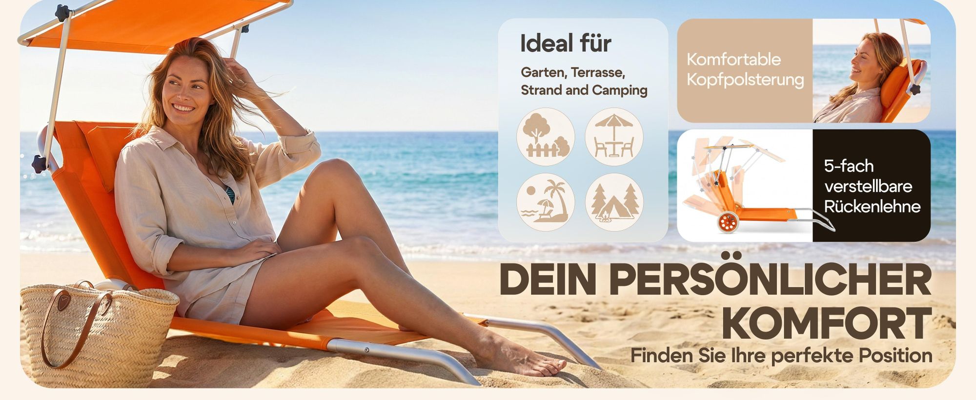 CASARIA Sonnenliege klappbar mit Sonnendach und Rädern Beige