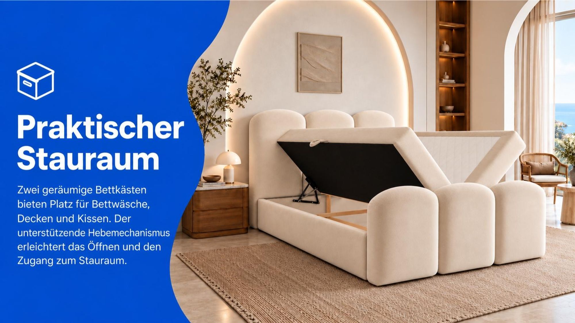 Boxspringbett ROYAL mit zwei geöffneten Bettkästen und Hebemechanismus