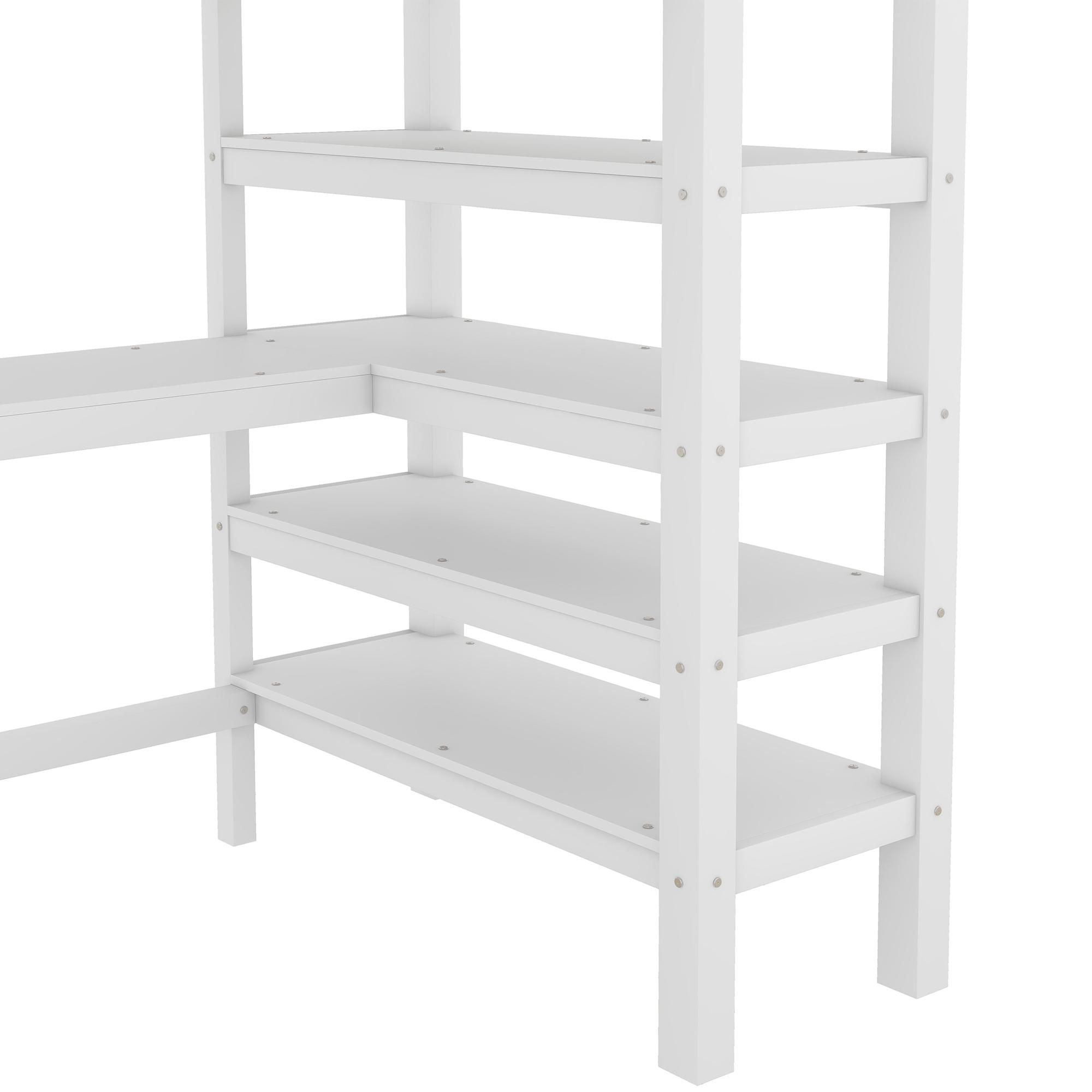 Merax Etagenbett Hochbett 90x200 cm, Kinderbett mit Ablagefächern & Schreibtisch, Stockbett mit Zäune, Jugendbett, Weiß