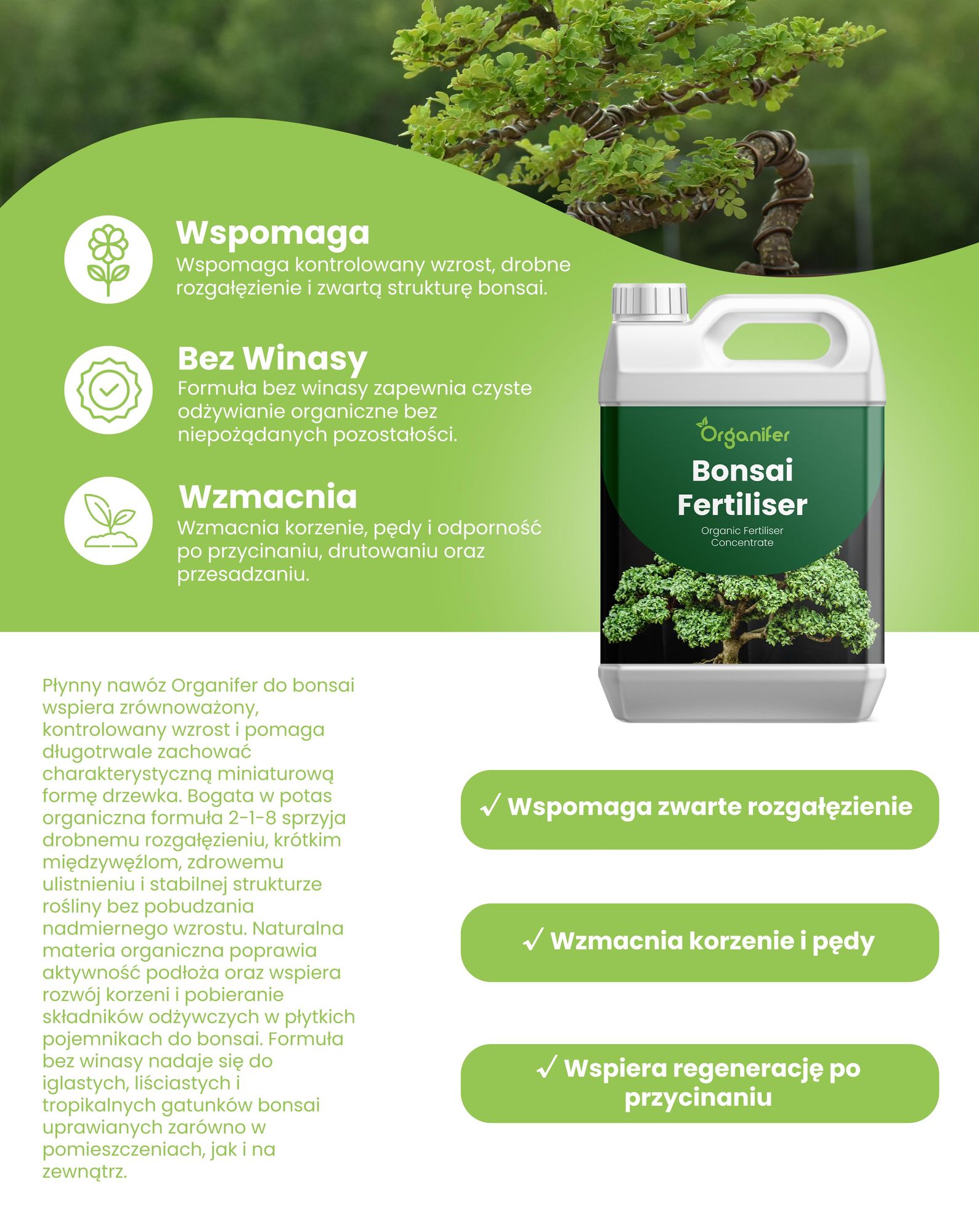 Bonsai Nawóz Płynny 1 L – 2-1-8 NPK – Do Bonsai Rośliny Ozdobne – Do Zdrowe Korzenie i Kompaktowy Wzrost – Podporuje Vitalitu i Strukturę – Organifer