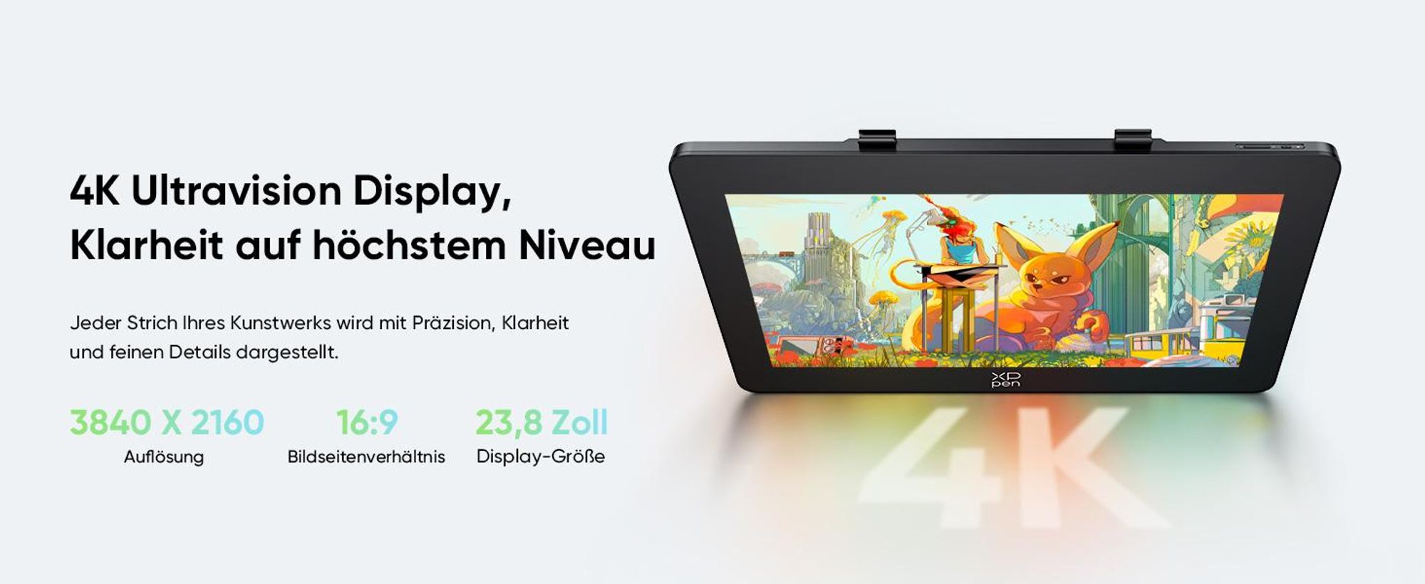 XPPen Artist 24 Pro (Gen 2) 4K, Kabelgebunden, 5080 lpi, 526 x 296 mm, USB/Bluetooth, 1 cm, Stift