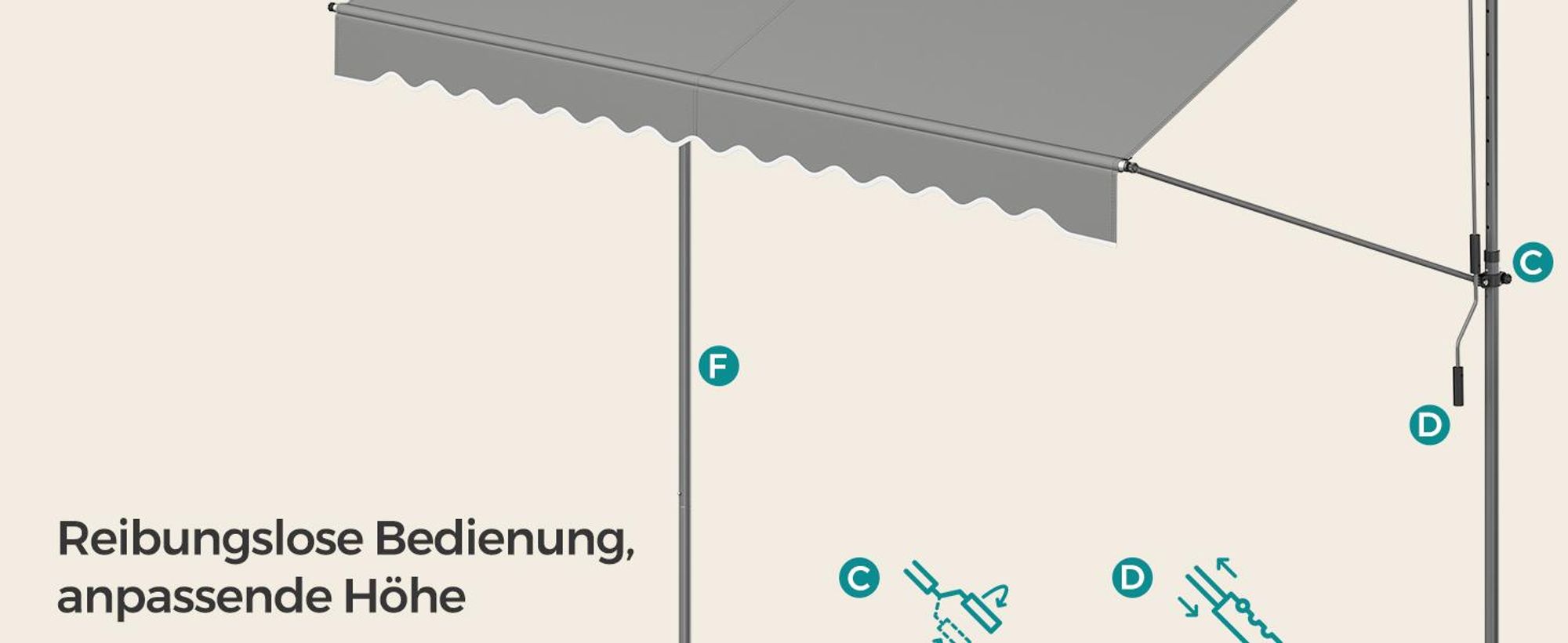 SONGMICS Klemmmarkise, Balkonmarkise, höhenverstellbar, mit Handkurbel