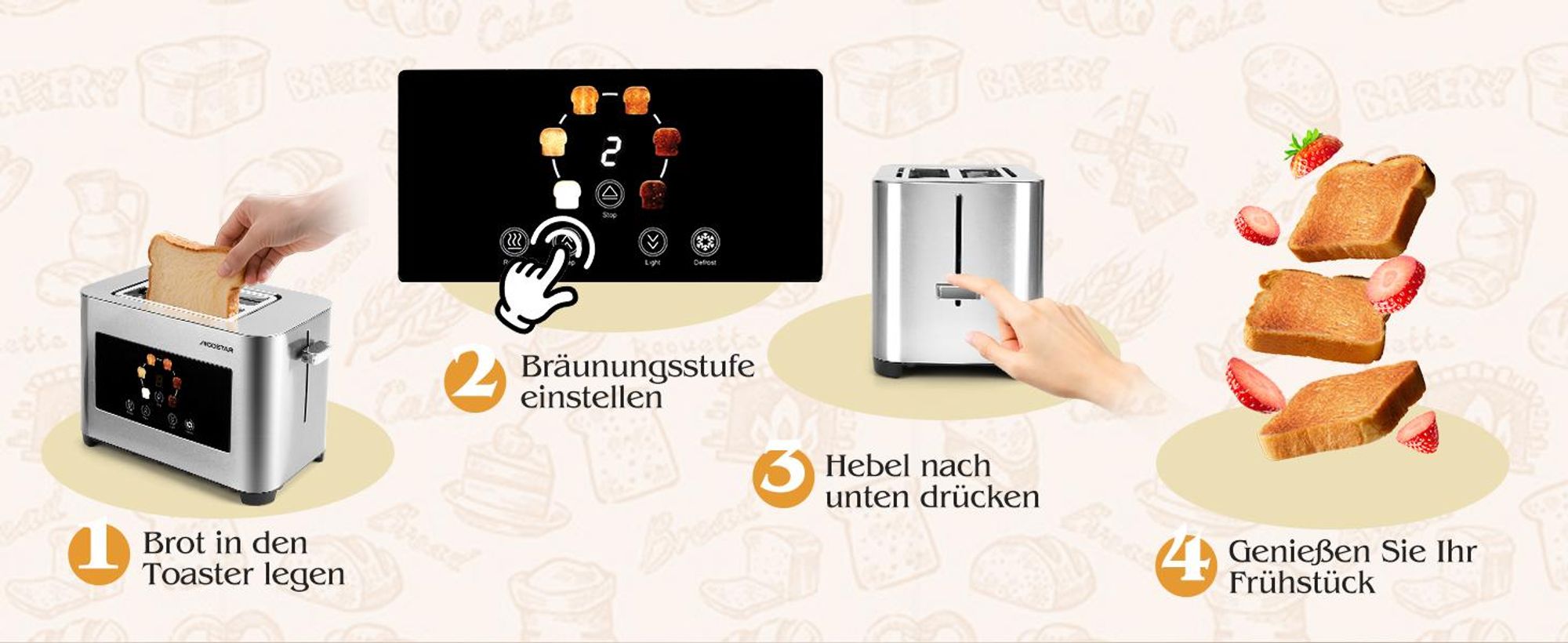 Aigostar - Toaster 2 Scheiben, 6 Bräunungsstufen, LED-Touchscreen, 4 cm extra breite Toastschlitze & Brotzentrierung, Edelstahl, 850W