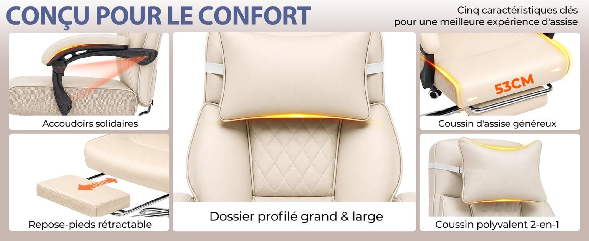 Chaise de gaming GTPLAYER avec repose-pieds, multifonctionnelle, en similicuir, capacité de 130 kg. Chaise de bureau ergonomique avec coussin pour la tête, dossier inclinable de 90° à 135°, assise de 53 cm