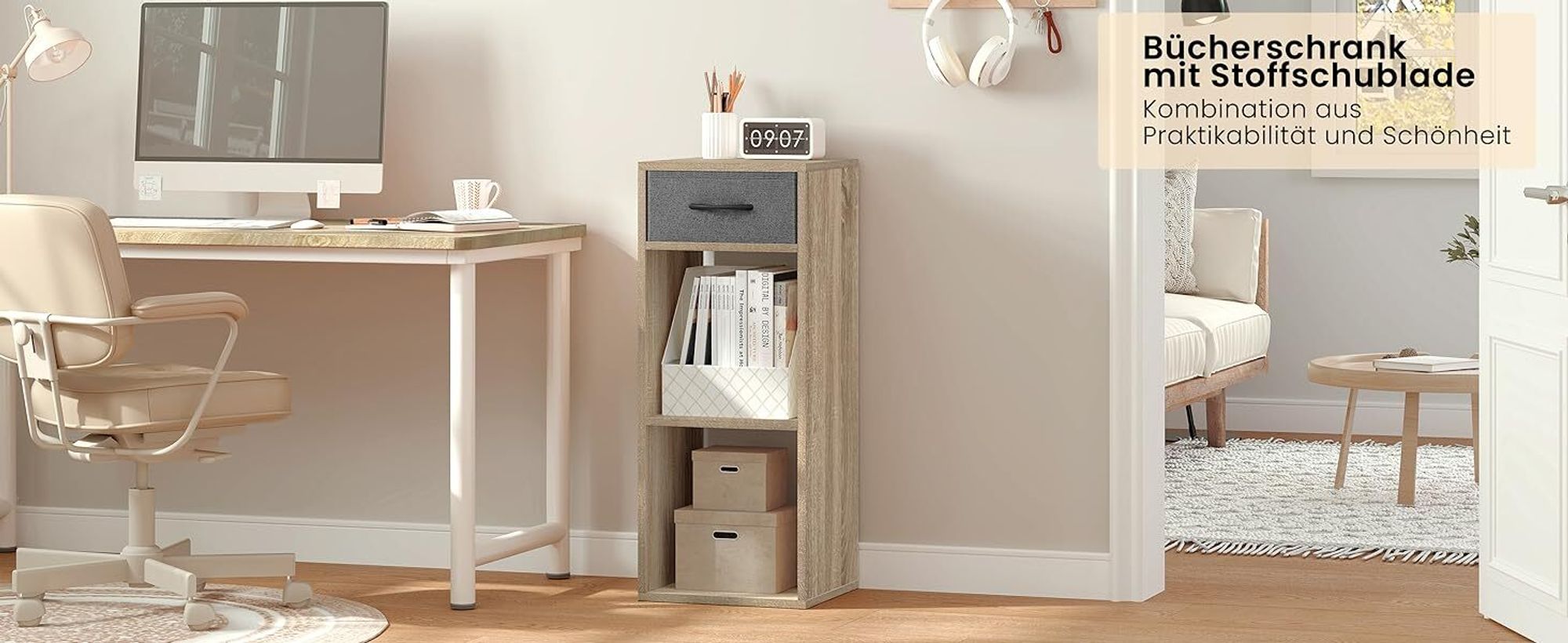 WOLTU Bücherregal mit 3 Ebenen, 1 Stoffschublade 2 Würfeln, 32,4x80x30 cm, Helle Eiche
