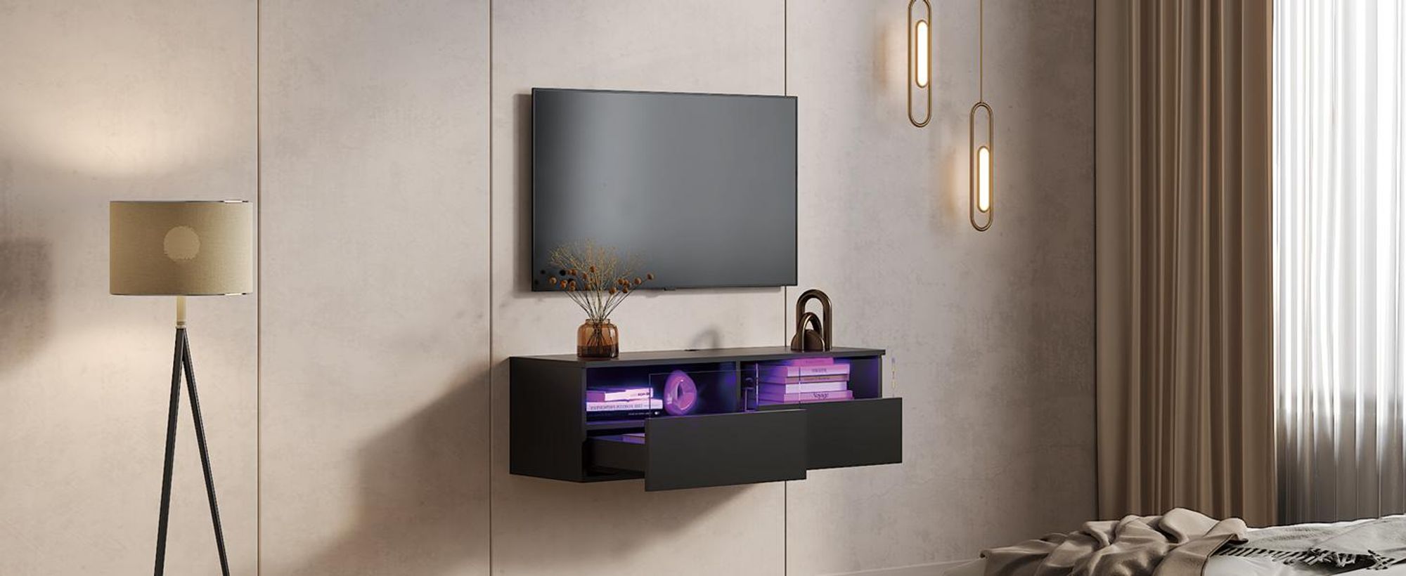 Radelldar Lowboard mit LED-Beleuchtung, TV-Schrank, hängend, grifflose TV-Board, 2 Schubladen mit Acryl, 100 cm, Schwarz