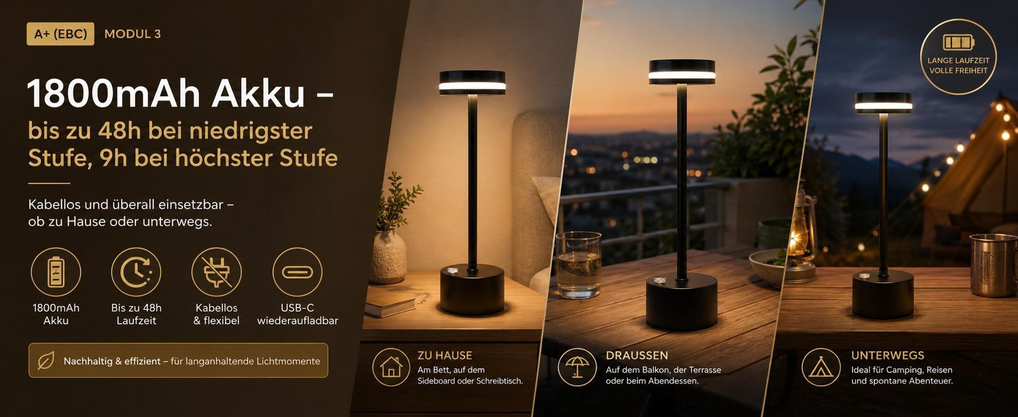 2 Stk Tischlampe,Led Tischleuchte Metall,Kabellos Dimmbar Tischleuchte,Touch Steuerung Augenschutz Leselampe,USB Wiederaufladbare,Schwarz