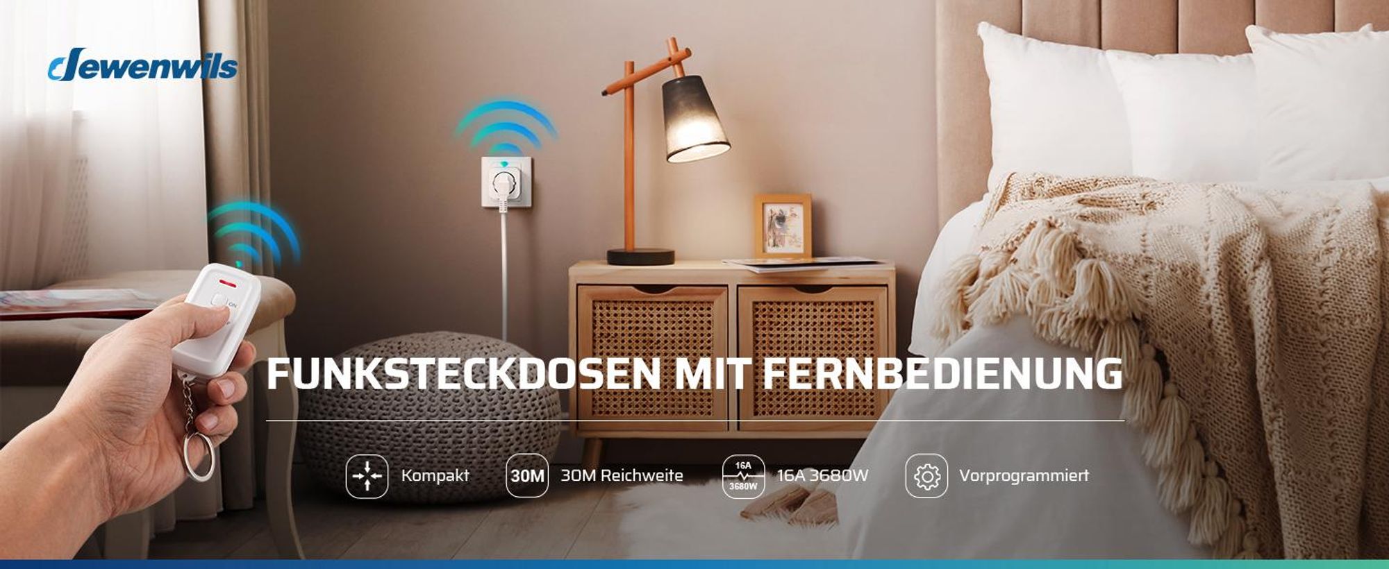 DEWENWILS Funksteckdosen mit Fernbedienung, Innen, Weiß, 16A 3680W