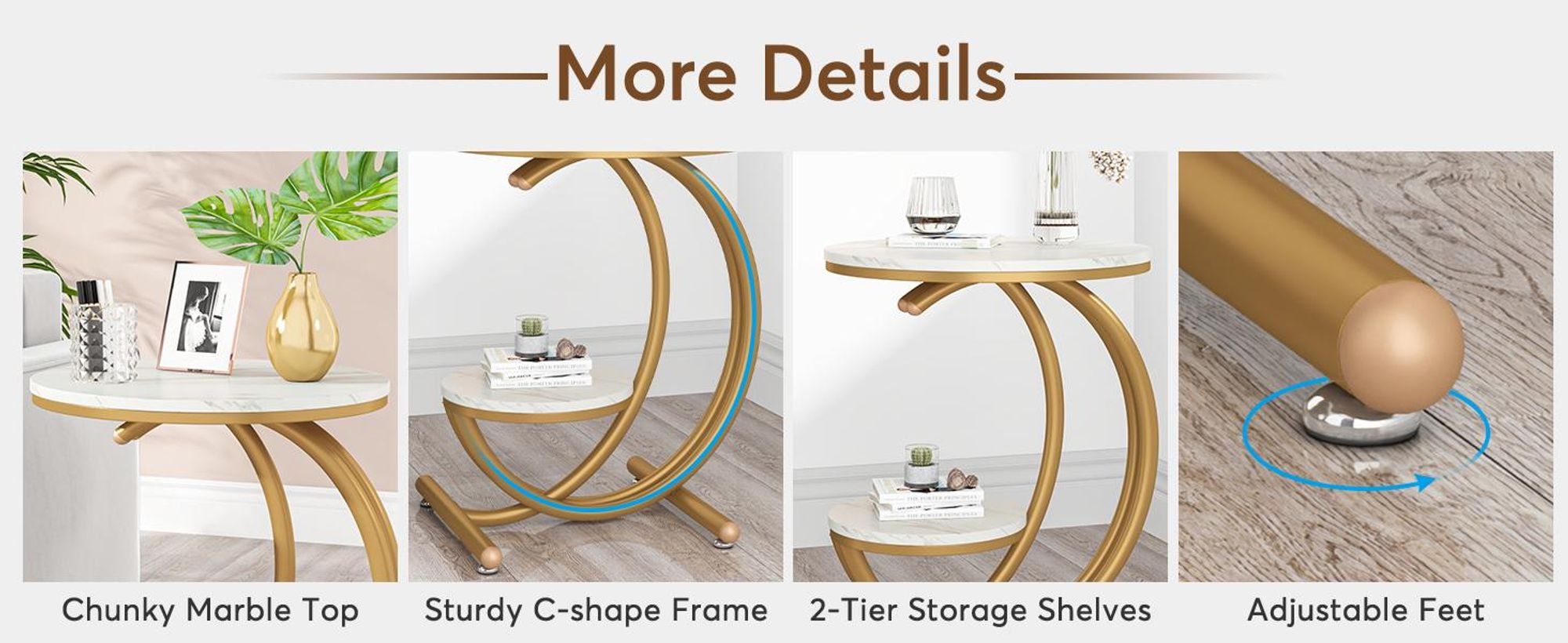 Tribesigns Beistelltisch aus Kunstmarmor, moderner 2-stöckiger runder Couchtisch mit C-förmigem Rahmen für Wohnzimmer, Schlafzimmer, Weiß/Gold